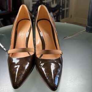 Vintage Louis Vuitton brown logo patent leather Mary Janes with wooden heel